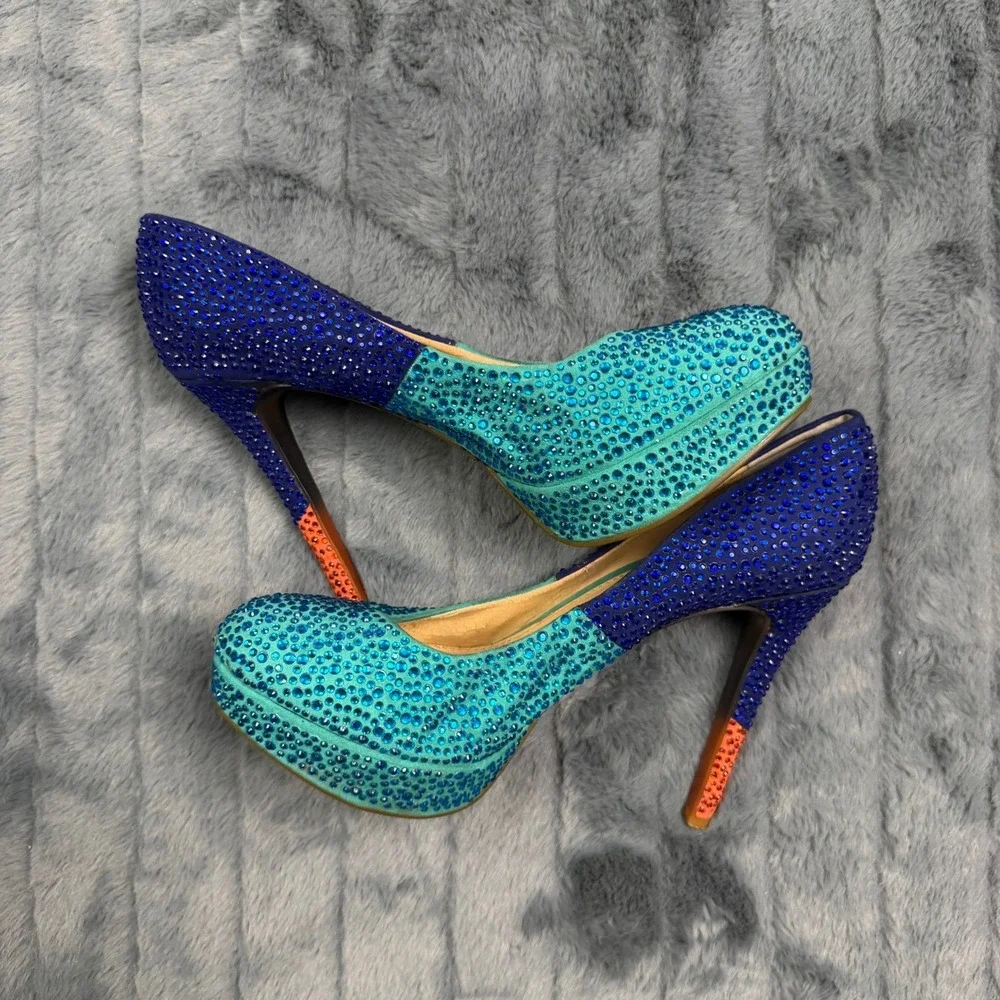 Gianni Bini Ombre Rhinestone Platform Pumps Blue Teal Orange Heels 9.5M
